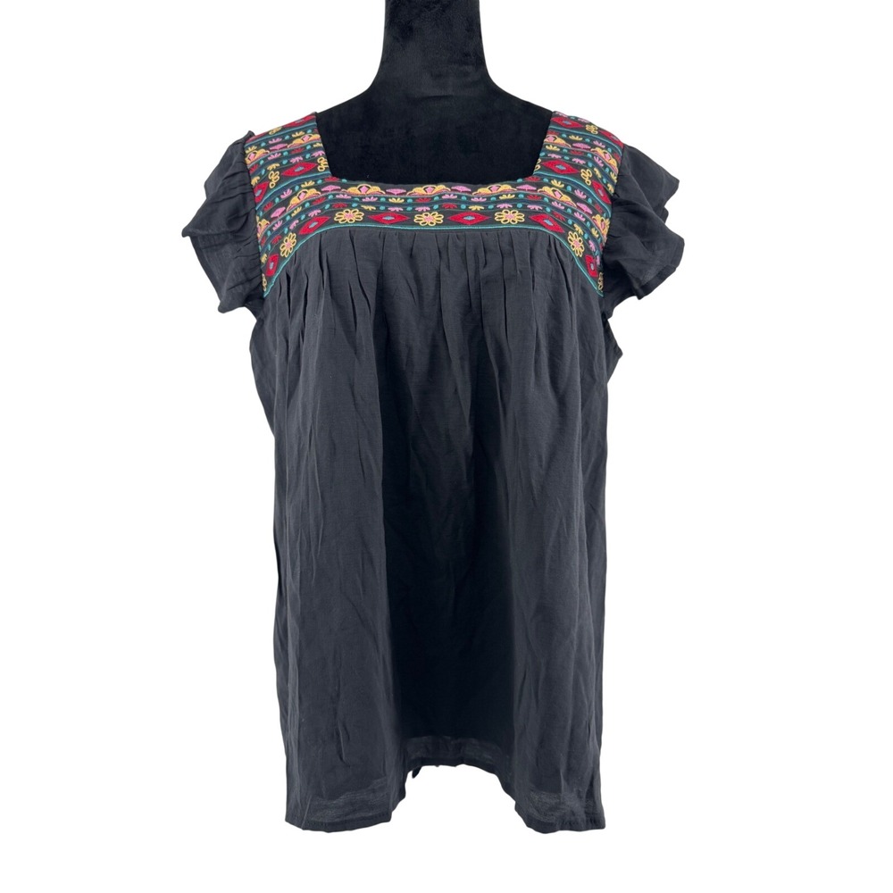 Dorose Womens XL Black Embroidered Boho‎ Flutter Sleeve Square Neck Blouse New